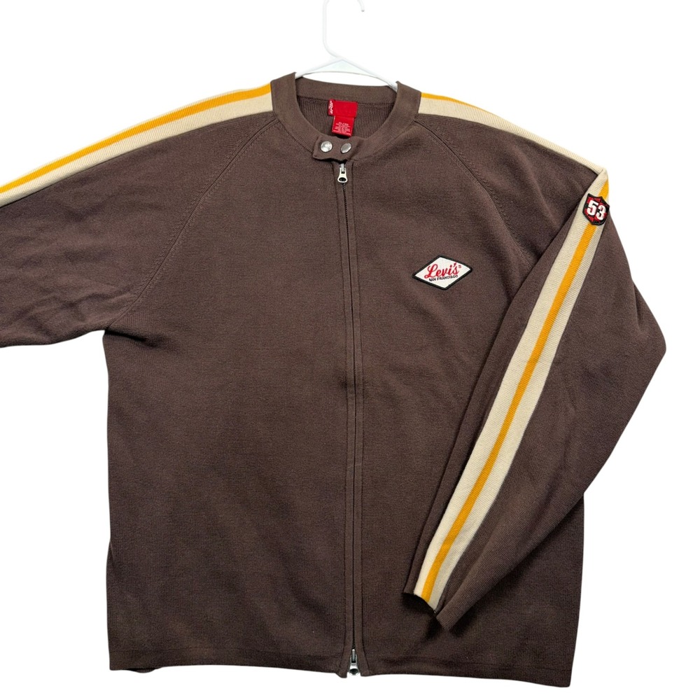 Levi's Full Zip Sweater Mens XL Brown Racing Stripe Cafe Racer Knit Jacket